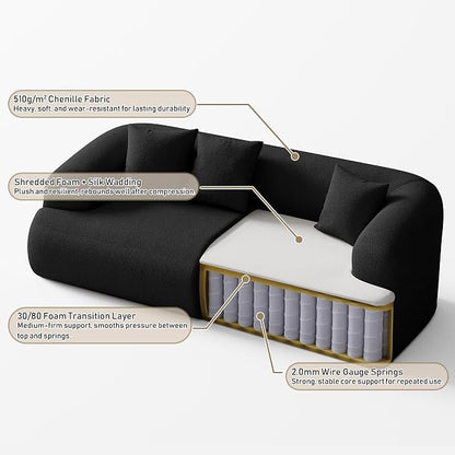 Boneless Couch Set, 91" + 75'' Cloud Couch Set, Chenille Curved Sofa, Modern Compression Sofa for Living Room, Bedroom and Apartment, No Assembly Required, Black