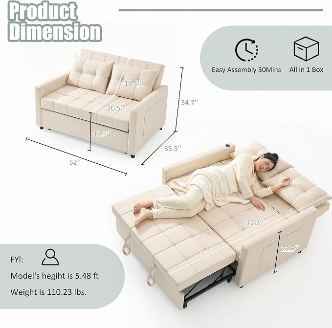 GOSUHI 52" Sleeper Sofa with Pull-Out Bed, 3-in-1 Convertible Sofa Bed, Set of Loveseat with Stepless Adjustable Backrest and Side Pocket, for Living Room Dorm Apartment, Linen, Beige