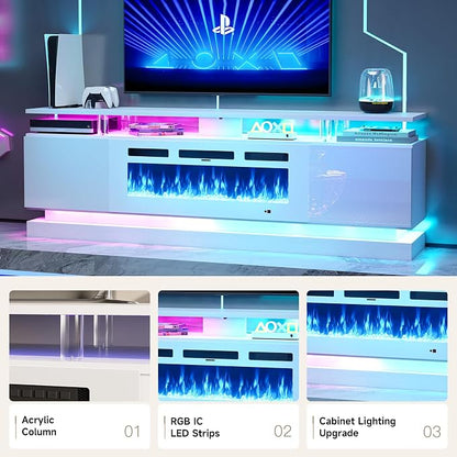 70" Fireplace TV Stand, Modern Entertainment Center for TVs Up to 80”, TV Console with Storage Cabinets, Media Console for Living Room, White TV Stand and White Fireplace