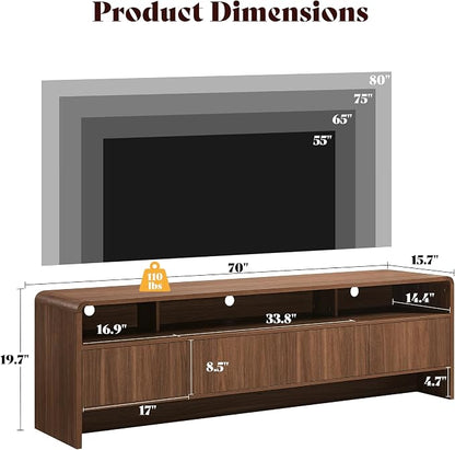 AMERLIFE 70" Modern TV Stand for TVs Up to 80", Wood TV Console with Curved Profile Design & 2 Storage Cabinets, Media Console Entertainment Center for Living Room, Brown