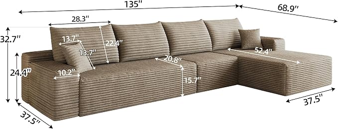 Eafurn 135" Oversized L-Shaped Boneless Sectional Sofa Couch with Chaise, Fluffy Corduroy Modular Couch with Deep Seat,Flexible Combination Corner Sofa & Couch for Living Room, No Assembly