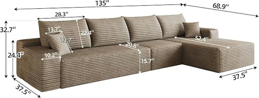 Eafurn 135" Oversized L-Shaped Boneless Sectional Sofa Couch with Chaise, Fluffy Corduroy Modular Couch with Deep Seat,Flexible Combination Corner Sofa & Couch for Living Room, No Assembly