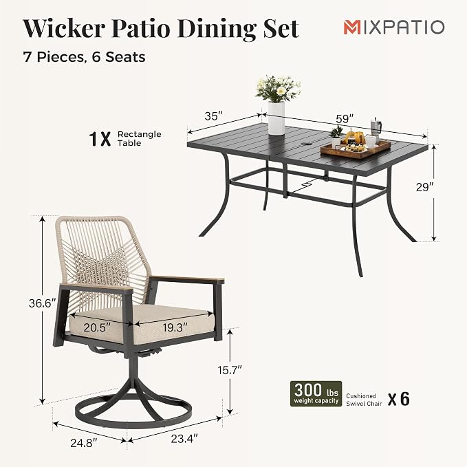 MIXPATIO 7 Pieces Outdoor Patio Dining Set, Rectangular Metal Patio Table with Umbrella Hole, 6 x Swivel Rope Rattan Chairs with 3.2" Cushion for Yard, Porch, Beige