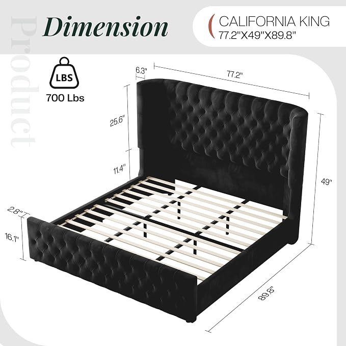Jocisland California King Size Upholstered Bed Frame with 6.3-Inch Curved Wingback Headboard, Tufted Footboard, Wood Slats, No Box Spring Needed, Black Velvet