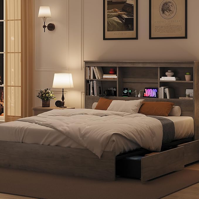 GarveeHome King Size Bed Frame with High Storage Bookcase Headboard, Wood Bed Frame with 4 Storage Drawers, Built in Charging Station, No Box Spring Needed, Metal Frame, Noise-Free, Grey