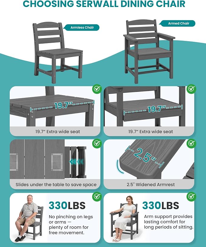 SERWALL 59" HDPE Outdoor Dining Set for 8, w/ 2 Tables & 8 Armchairs, Gray