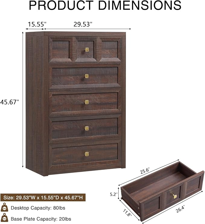5 Drawers Dresser for Bedroom, 45.7" Tall Large Dresser & Chests of Drawers with Metal Handle, Clothes Storage Organizer w/Natural Texture for Bedroom, Living Room, Brown