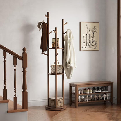 Muwuele Solid Wood Rotary Coat Rack, Freestanding Coat Rack with 3 Shelves and 9 Hooks, Coat tree for Bedroom, Entryway, Livingroom, Coat Hanger Stand for Coats, Scarves, Handbags (Walnut)