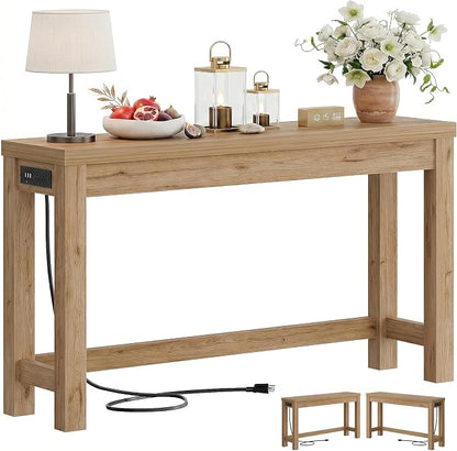 Cyclysio 47" Console Table with Charging Station, 13.8" Deep Farmhouse Sofa Table Behind Couch with 2 AC Outlets & 3 USB Ports, Entryway TV Console or Compact Home Office Desk, Natural Oak