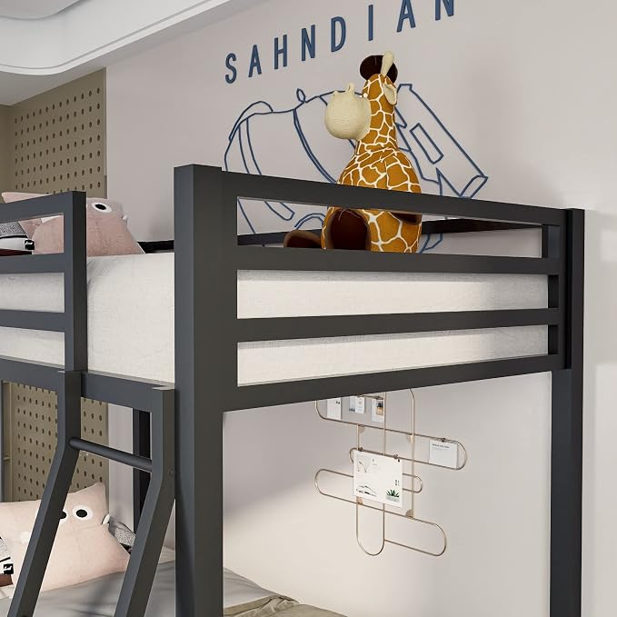 ikalido Metal Loft Bunk Bed Twin Over Twin Size with Ladder, Matte Black | Safety Guardrail,No Box Spring Needed, Space Saving Bedroom Furniture