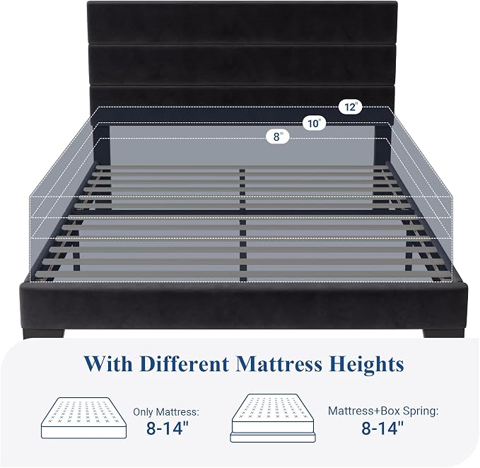 Allewie Queen Size Platform Bed Frame with Velvet Upholstered Headboard and Wooden Slats Support, Fully Upholstered Mattress Foundation/No Box Spring Needed/Easy Assembly, Black