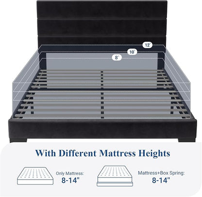 Allewie Queen Size Platform Bed Frame with Velvet Upholstered Headboard and Wooden Slats Support, Fully Upholstered Mattress Foundation/No Box Spring Needed/Easy Assembly, Black