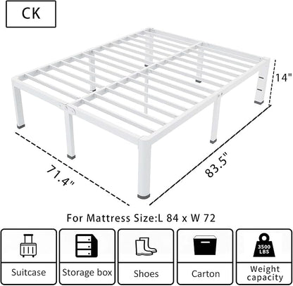 ROIL 14 Inch White California King Bed Frame with Rounded Corner and Headboard Hole Mattress Retainers, 3500LBS Heavy Duty Steel Slats No Box Spring Needed Platform Noise-Free Easy Assembly