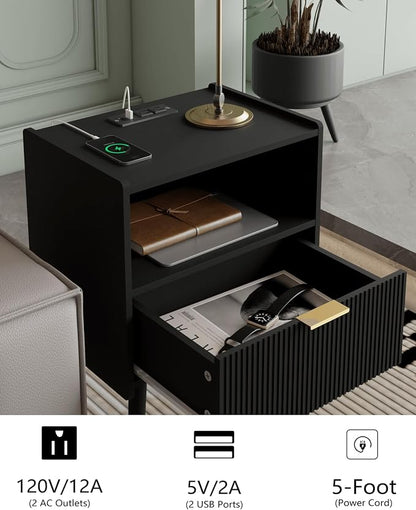 Veegle Nightstand,Modern Bedside Table with Storage Drawer and Open Wood Shelf, Accent Night Stand with Solid Wood Legs for Living Room, Bedroom and Small Spaces,Easy Assembly (Black-Outlet)