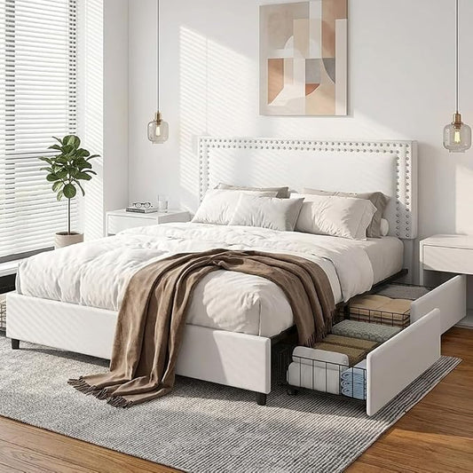 VECELO King Size Upholstered Bed Frame with 4 Storage Drawers, Adjustable Velvet Rivet Decor Headboard, Wooden Slats Platform Support, No Box Spring Needed, Easy Assembly,White