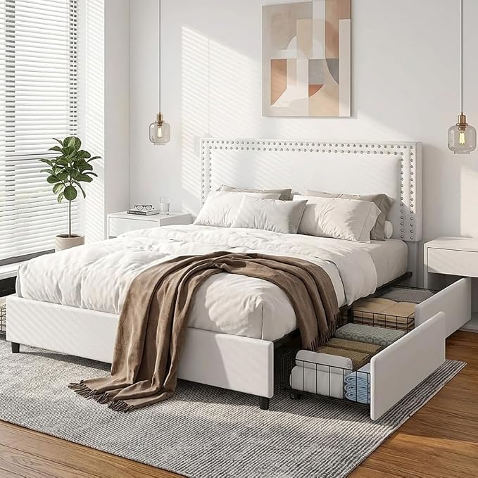 VECELO Full Size Upholstered Bed Frame with 4 Storage Drawers, Adjustable Velvet Rivet Decor Headboard, Wooden Slats Platform Support, No Box Spring Needed, Easy Assembly,White