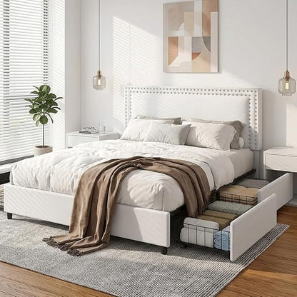 VECELO Queen Size Upholstered Bed Frame with 4 Storage Drawers, Adjustable Velvet Rivet Decor Headboard, Wooden Slats Platform Support, No Box Spring Needed, Easy Assembly,White