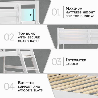 Lexicon Bunk Bed Twin Over Full, Wooden Bed Frame with Sturdy Ladder and Safety Guard Rails, Modern Space-Saving Design, for Bedroom/Guest Room, No Box Spring Needed, White