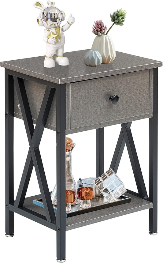 VECELO Nightstand,Modern Bedside End Table, Night Stand with Drawer and Storage Shelf for Living Room Bedroom, Industrial Metal Frame