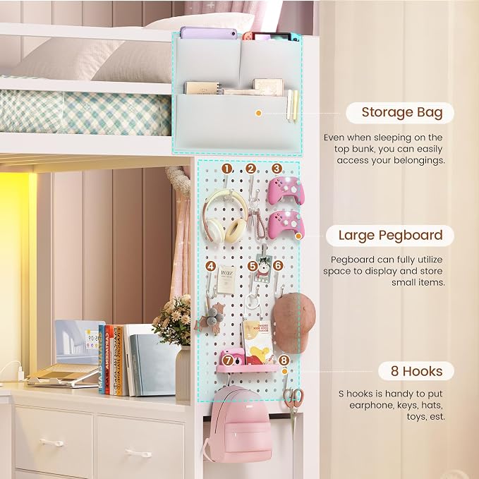 Itaar Twin Loft Bed with L-Shaped Desk & 8 Storage Drawers, Metal Kids Twin Loft Bed with Led Lights, Charging Station, Hall Tree, Safety Guard & Ladder, No Box Spring Needed, White