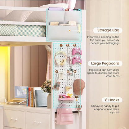 Itaar Twin Loft Bed with L-Shaped Desk & 8 Storage Drawers, Metal Kids Twin Loft Bed with Led Lights, Charging Station, Hall Tree, Safety Guard & Ladder, No Box Spring Needed, White