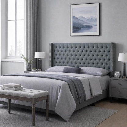 Madison Park Queen Wingback Upholstered Tufted Headboard, Featuring High-Density Sponge Padding, Adjustable Height Headboard, Easy Assembly, Dark Grey Woven