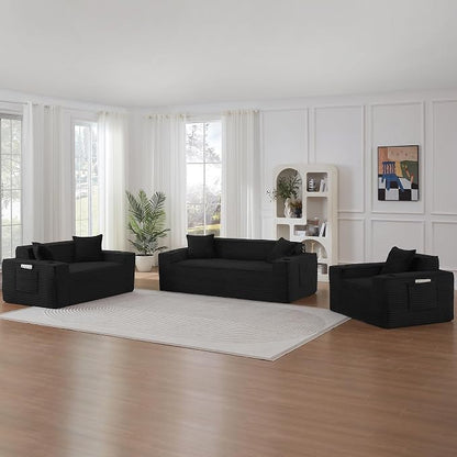 3 Pcs Living Room Cloud Sofa Set, Boneless Sofa Couch with Cup Holder and Side Pocket for Compact Living Rooms, Apartments (Black, Single Chair + Loveseat+ 3 Seat Sofa)