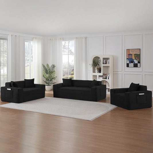 3 Pcs Living Room Cloud Sofa Set, Boneless Sofa Couch with Cup Holder and Side Pocket for Compact Living Rooms, Apartments (Black, Single Chair + Loveseat+ 3 Seat Sofa)