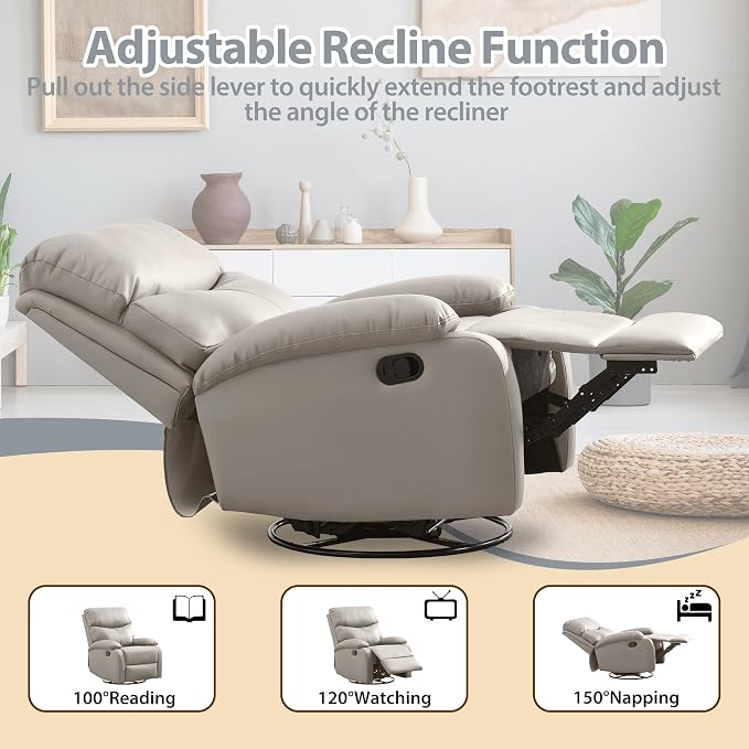 Genuine Leather Rocker Recliner Modern Manual Swivel Glider Recliner with Adjustable Backrest & Footrest Wall Hugger Swivel Rocking Recliner Chair for Modern Living Room and RV Beige