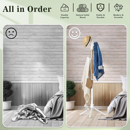 Wooden Coat Rack Freestanding with 8 Hooks,Easy Assembly New Zealand Pine Tree Coat Racks, 3 Adjustable Sizes for Clothes, Hats, Bags, for Entryway, Hallway, Bedroom, Office (White, 2 PCS)