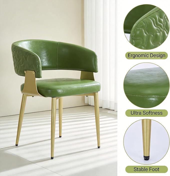 Atoll Modern Accent Dining Chairs Set of 4 with Upholstered PU Leather Seat & Curved Back, Metal Legs, Mid-Century Kitchen Chair for Dining Room, Living Room or Office (4, Green)