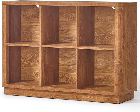 Joaxswe 6 Cube Storage Book Shelf, 40" Wide Low Horizontal Bookcase with Curved Edge, Floor Standing 2-Tier Wooden Bookshelf with Base, Modern Short Book Case for Bedroom, Study, Entryway, Brown