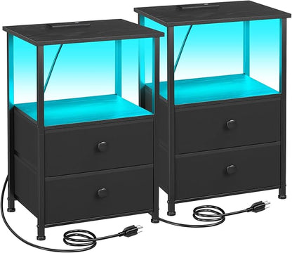 LOAKEKEL Night Stand Set 2, LED Nightstand with Charging Station, End Tables with Storage Shelf, Bed Side Table with 2 Fabric Drawers for Bedroom, Small Spaces, Black, HETS02BK