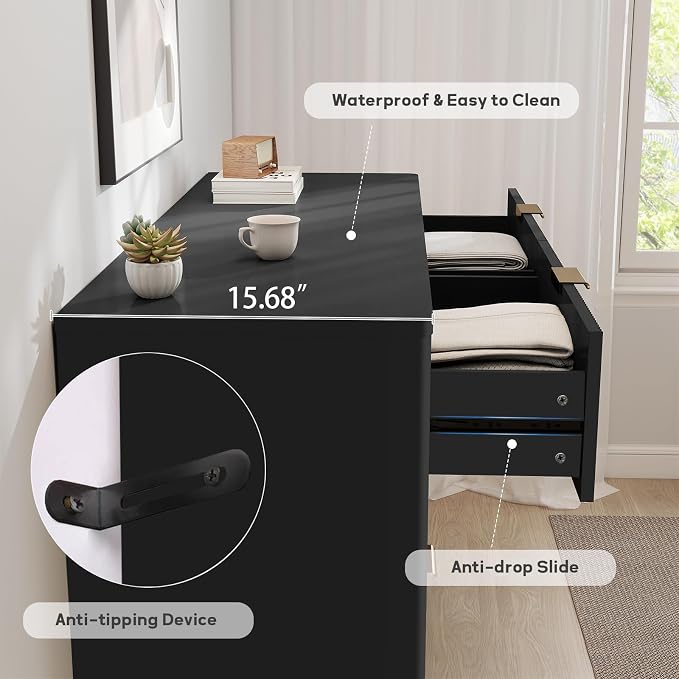 SUNWAVE 6 Drawer Dresser for Bedroom, 49.6" Wide Modern Fluted Dresser with Round Corner, Wood Chest of Drawers for Living Room (Black)