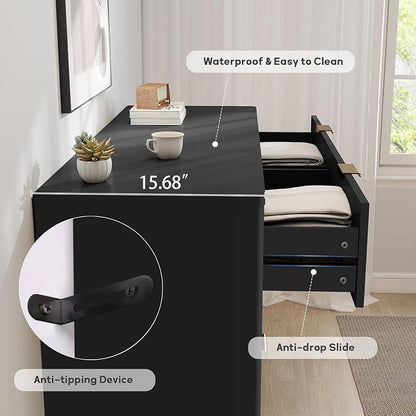 SUNWAVE 6 Drawer Dresser for Bedroom, 49.6" Wide Modern Fluted Dresser with Round Corner, Wood Chest of Drawers for Living Room (Black)