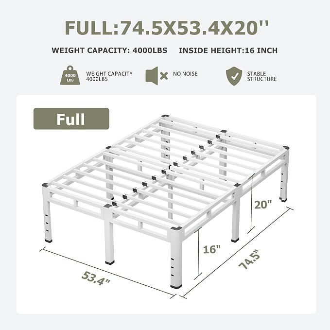 NKZ 20 Inch Full Size Bed Frame, Metal Bed Frame & Box Spring 2 in 1 Platform with Round Corner Legs, 4000lbs Weight Capacity Reinforced Metal Frame, Headboard Hole, Noise-Free, Easy Assembly.
