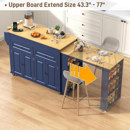 80"-48" Extendable Kitchen Island with Extended Dining Table and Power Outlet,Large Mobile Kitchen Storage Islands with 2 Storage Drawers,Rolling Islands Cart with 3 Extra Rows Open Shelves(Blue)
