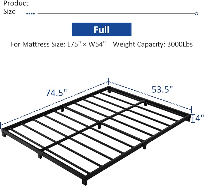 YUSENHEEI 4 Inch Full Size Bed Frame, Heavy Duty Metal Platform Low Bed Frame Full, No Box Spring Needed, Noise Free, Easy Assembly, Black
