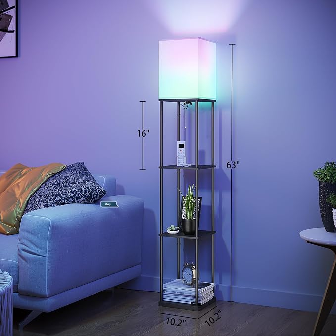 SUNMORY Floor Lamp with Shelves, Smart APP Control Standing Lamps with RGB Bulb, 4-Tier Dimmable Floor Lamps for Living Room, Tall Lamp for Bedroom, Office, Corner Display Bookshelf Lamp