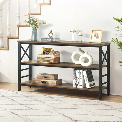 HOMBAZAAR Sofa Table,Industrial Console Table with Storage,Entryway Table with Engineered Wood and Metal,Rustic 3 Tier Shelf for Living Room,Hallway,Brown,55 Inch