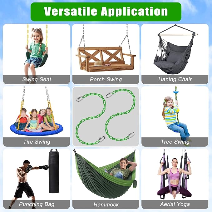 BeneLabel 2Pcs 20" Heavy Duty Hanging Chain with Hook Swing Extension Chain | 1000 LB Capacity Green Coated Hammock Extension Chain for Hanging Swing, Hanging Chair, Heavy Bags, for Indoor Outdoor Use