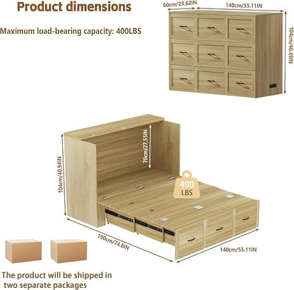 Murphy Bed Full Size with Storage and Charging Station, Farmhouse Wall Bed Cabinet Foldable Wooden Frame for Guest Room - Natural