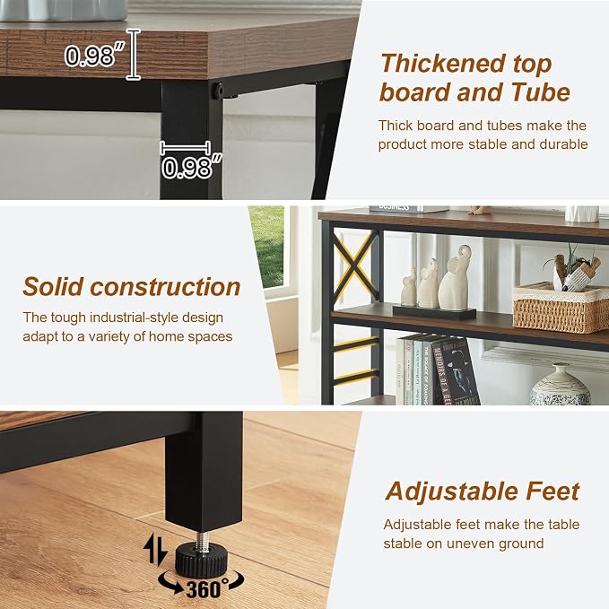 HOMBAZAAR Sofa Table,Industrial Console Table with Storage,Entryway Table with Engineered Wood and Metal,Rustic 3 Tier Shelf for Living Room,Hallway,Brown,47 Inch