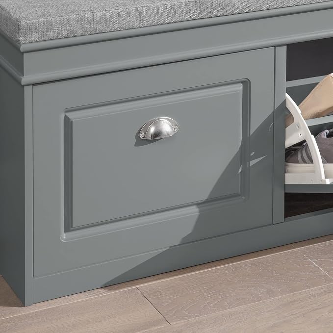 SoBuy Grey Storage Shoe Bench with 2 Flip Drawers, Hidden Shoe Bench, Free Standing Shoe Rack, Shoe Cabinet, Hallway Storage Bench with Seat Cushion FSR64-HG