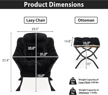 Youtanic Lazy Chair with Folding Ottoman, Accent Chair Plush Upholstered with Metal Structure and Non-Slip Pads, Sofa Armchair with Footrest and Side Storage Bag for Dorm, Room, Office, Black