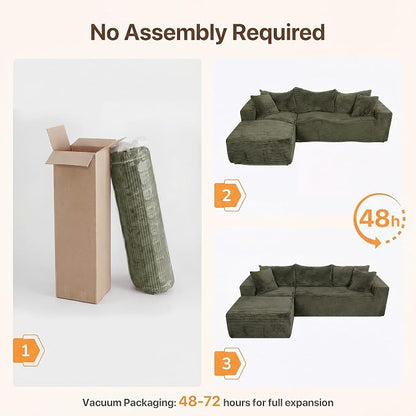 Claiks 94" Boneless Couch, Cloud Couch Sectional, L-Shape Corduroy Modular Sectional Sofa Deep Seat, Upholstered Couches for Living Room, No Assembly Required, Green