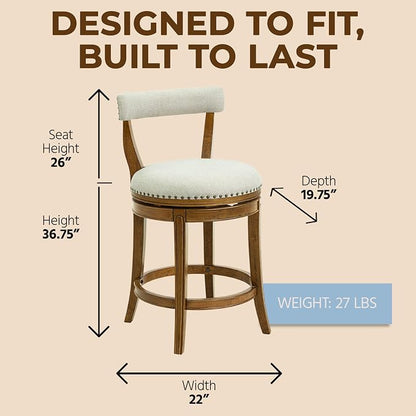 ROME + OAK Ruxban 26" Counter Stool, Low Back Swivel Barstools in Weathered Oak Finish with Sand Fabric Upholstery Seat - Indoor Home Furniture