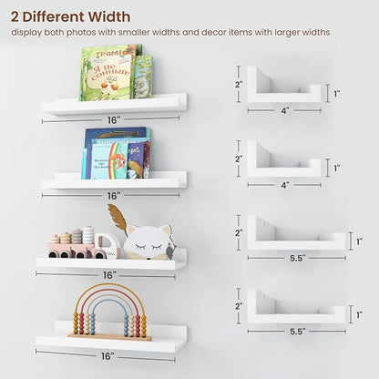 Axeman White Picture Ledge Shelf Set of 4, 16'' Floating Shelves with Lip | Rustic White Wood Wall Shelves with Ledge for Photos Nursery Books Records Artworks Decors