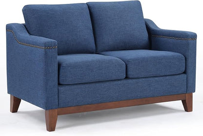 HAOMARKETS Vintage 2-Seater Upholstered Loveseat Sofa with Nailhead Trim, High-Density Foam Cushion & Solid Wood Legs, Soft Fabric Couch for Small Spaces, Blue