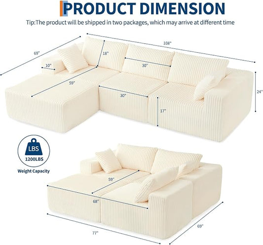 108" Modular Sectional Sofa Couches for Living Room Cloud Memory Boneless Couch No Assembly Required